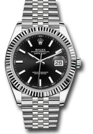 Replica Rolex Steel and White Gold Rolesor Datejust 41 Watch 126334 Fluted Bezel Black Index Dial Jubilee Bracelet